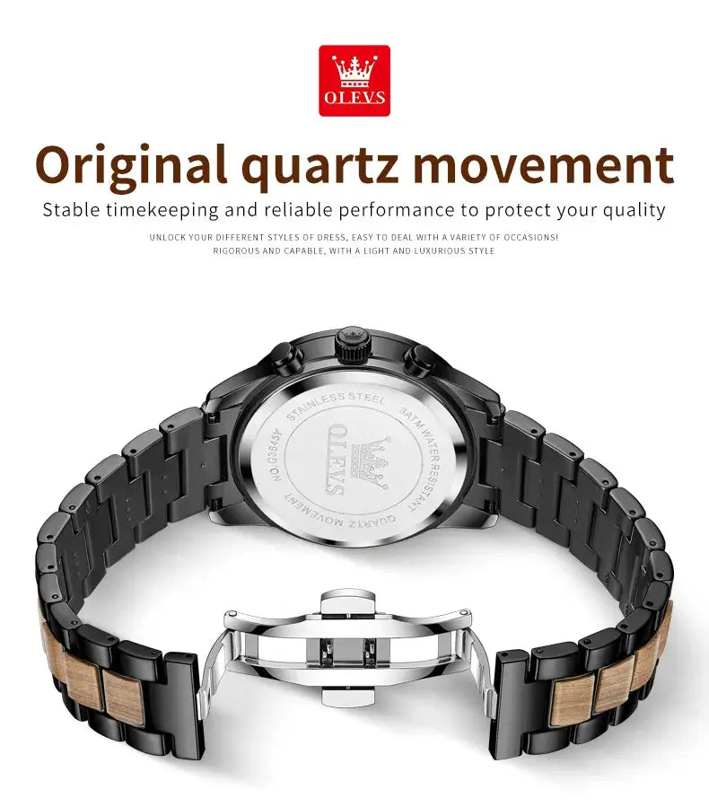 OLEVS men's wristwatch with black metal and wood-inlaid bracelet; stainless steel case back, Simples Market
