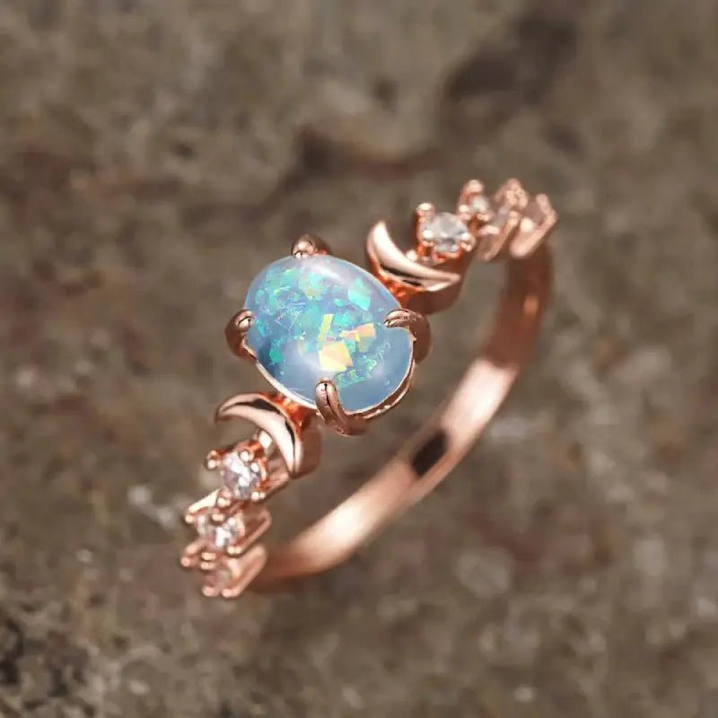Huitan Blue White Imitation Opal Moon Rings For Women Brass Cubic Zirconia Jewelry Wedding Accessories Anniversary Gift - Simples Market