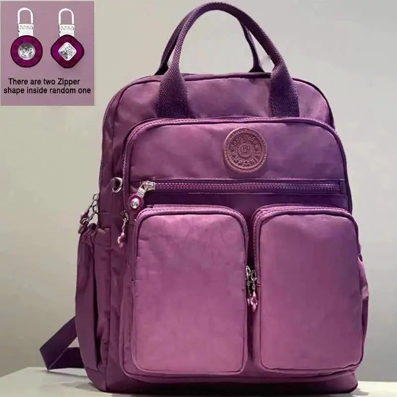 Fashion Woman Backpack by Simples Market, purple waterproof nylon with multiple pockets and laptop compartment