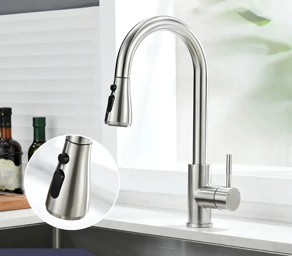 Pull-out kitchen faucet in brushed nickel stainless steel with black spray head