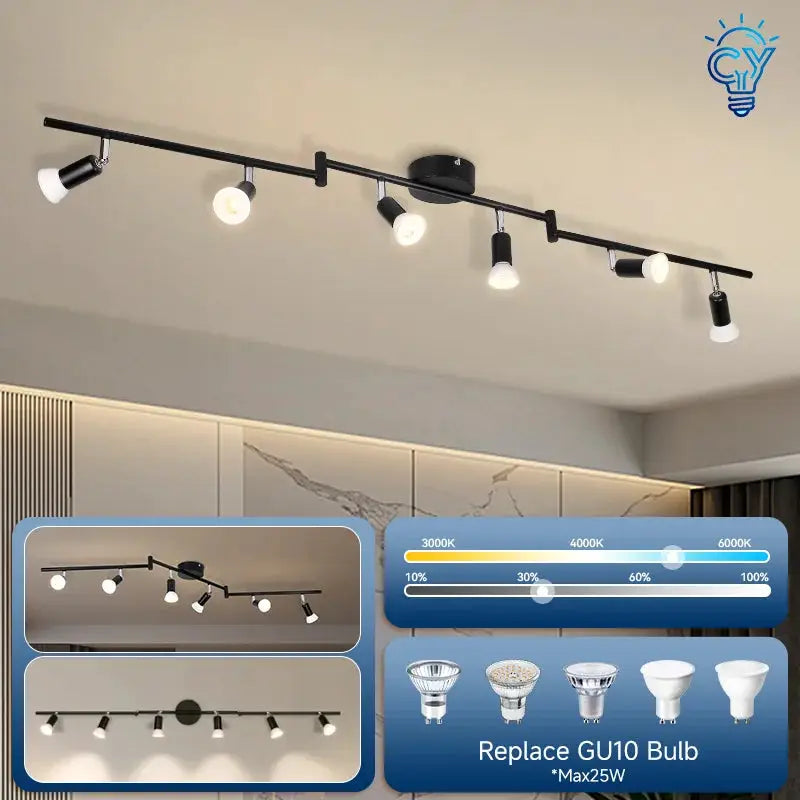 GU10 modern LED ceiling light with six adjustable spotlights on a black bar for living room and kitchen by SimplesMarket