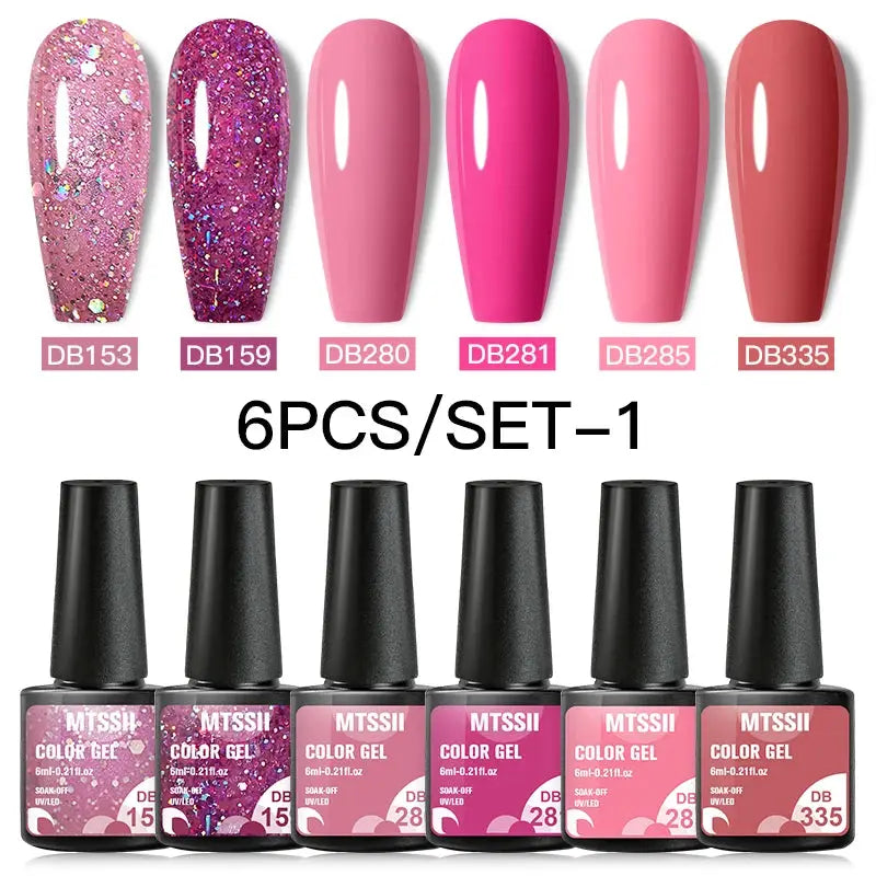 6-piece MTSSII gel nail polish set with glitter pinks and pastel pink shades