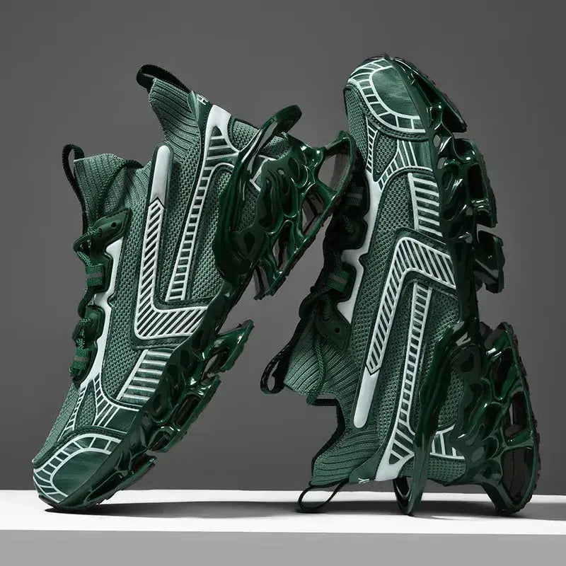 Men's green sneakers with breathable mesh upper and futuristic dark-green outsole