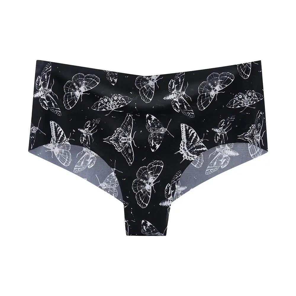 BANNIROU seamless butterfly-print briefs, black ice-silk mid-rise panties by Simples Market