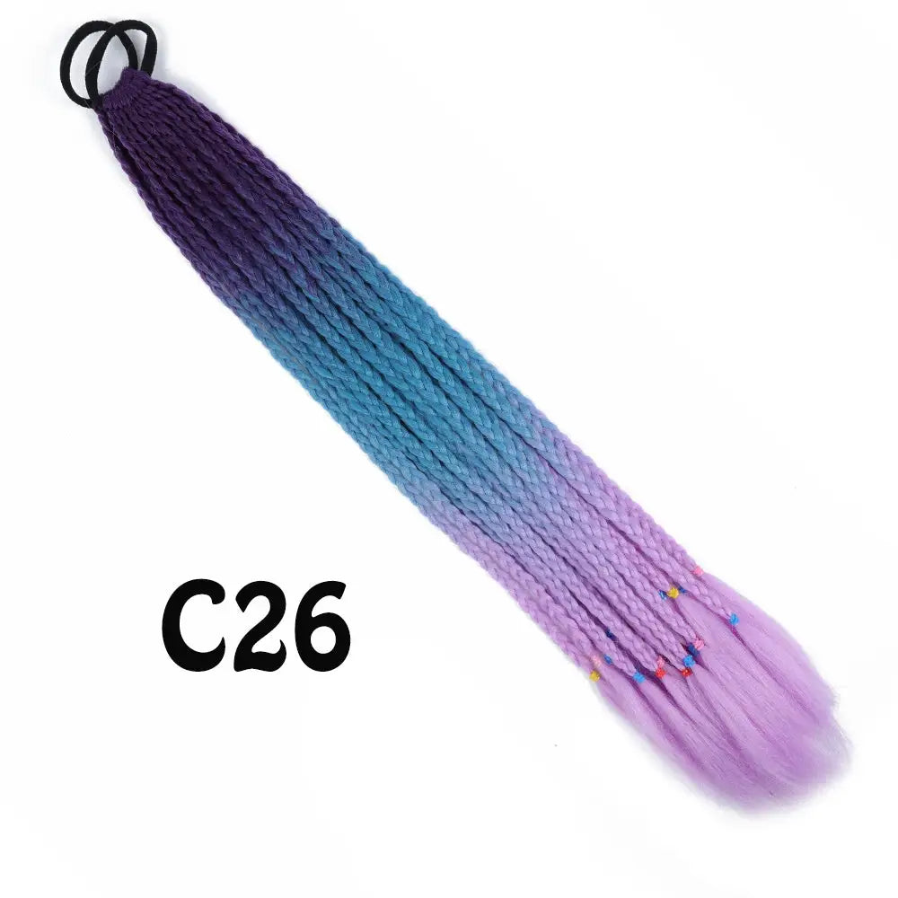 Synthetic gradient braided ponytail extension, 24 inches rainbow braid in purple to teal to lavender with elastic band