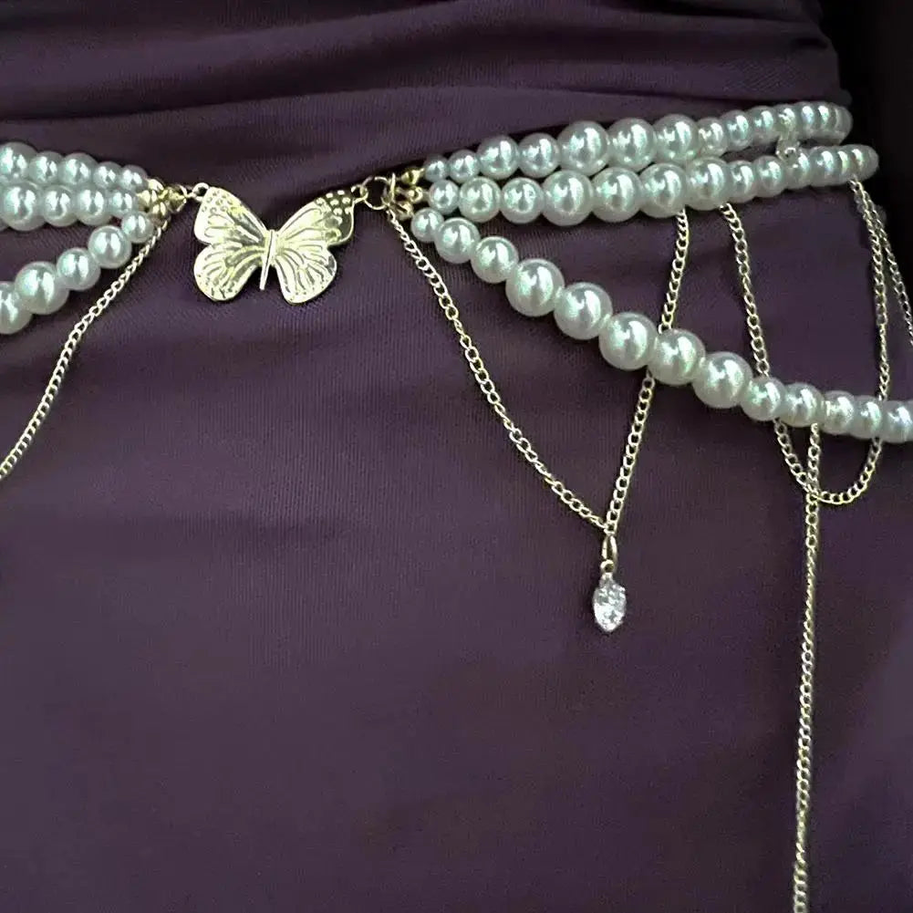 Y2K Retro Multilayer Pearl Waist Chain Belt For Women Lightweight Elegant Body Jewelry Accessory