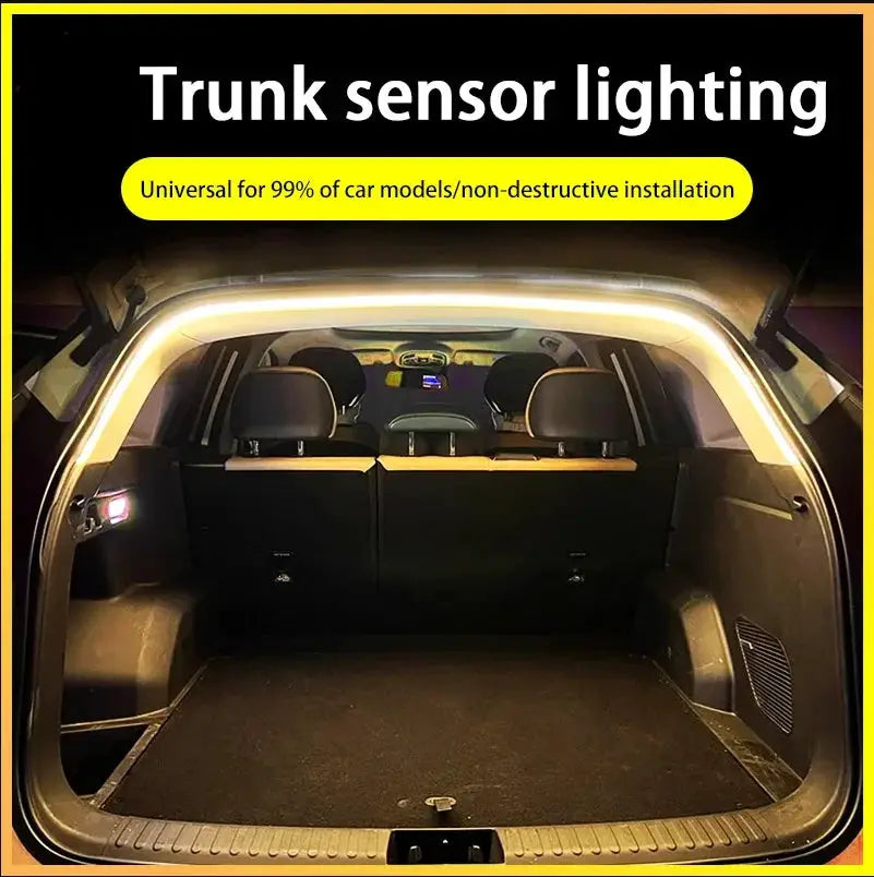 Trunk lighting LED strip by Simples Market; wireless, automatic sensing warm-white ambient light for cars.