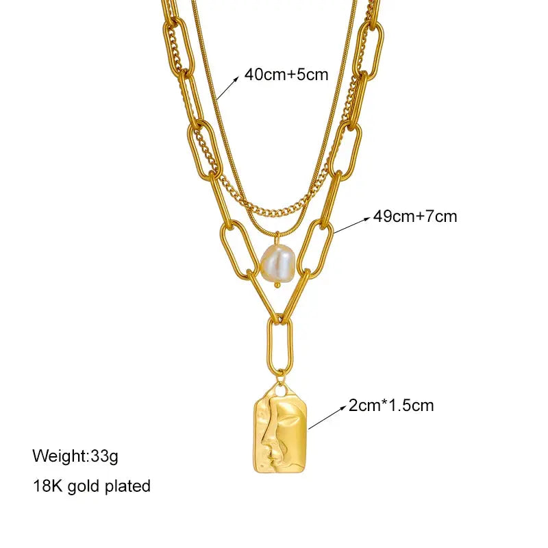 DIEYURO 316L Stainless Steel 3 Layer Pearl Square Portrait Pendant Necklace For Women Punk Street Trend