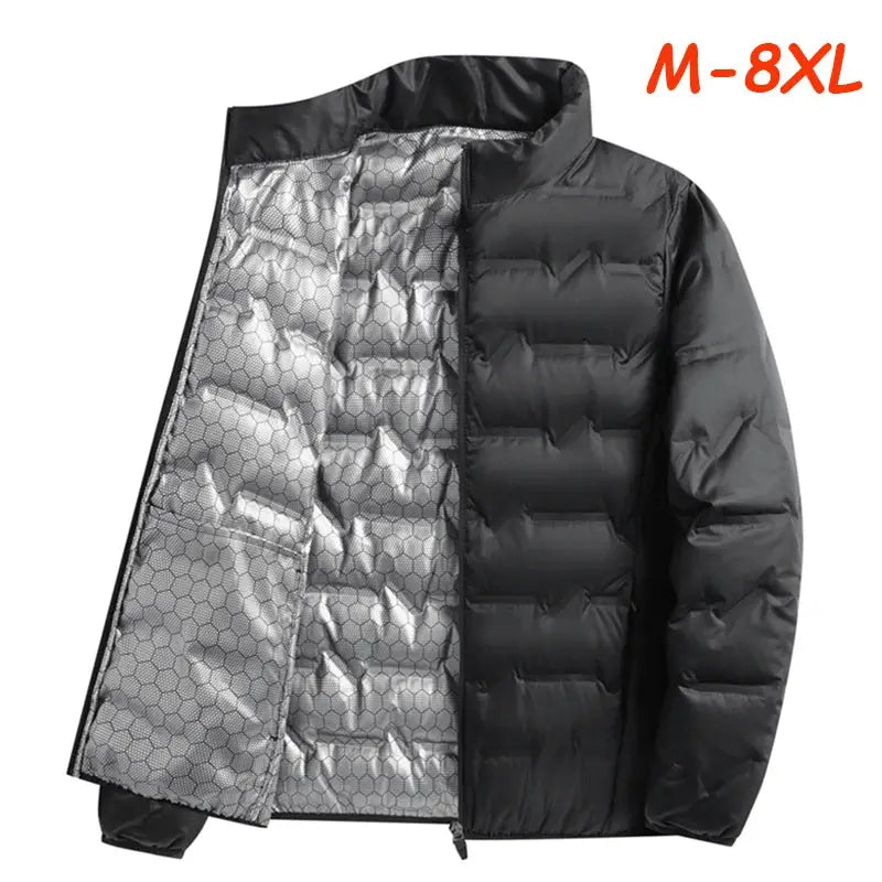 Men's black duck-down puffer jacket with stand collar and quilted interior, 8XL