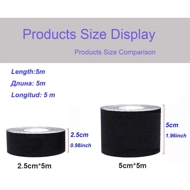 Two black kinesiology tape rolls, 2.5cm x 5m and 5cm x 5m, sport recovery athletic tape for knee and muscle support