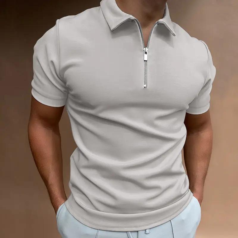 Men's solid light gray zip polo shirt with short sleeves by Simples Market