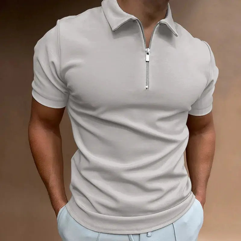 Simples Market men's zip polo shirt, solid light gray with front zipper, short sleeves, turn-down collar.