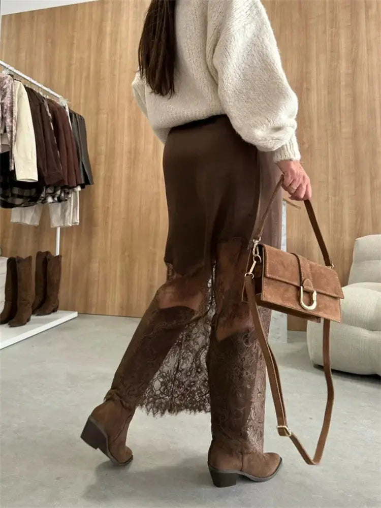 Trendix Patchwork Lace High Waist Hollow Out Maxi Skirt For Women Autumn Brown Boho Party Fashion