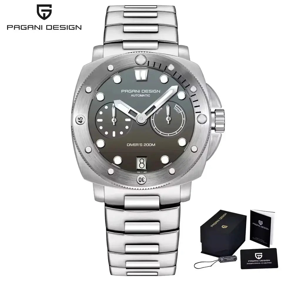 PAGANI DESIGN men's automatic dive watch, stainless steel bracelet, gray dial, 200m water resistant, with box.