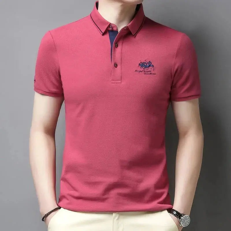 Summer Mens Embroidered Polo Shirt pink with short sleeves and chest embroidery.