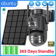 8MP 4K solar WiFi outdoor security camera with built-in battery and dual lens; solar panel, 3x batteries