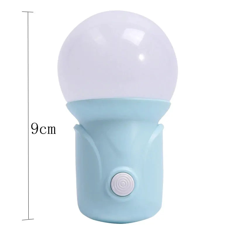LED night light with blue base and white globe; push-button switch, EU/US plug