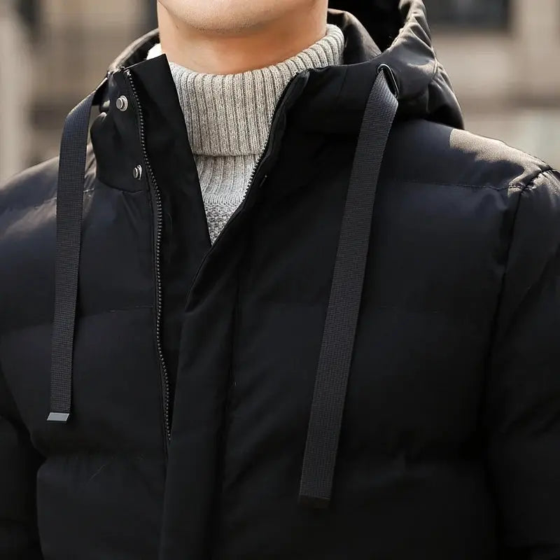Men's mid-length black hooded cotton-padded puffer jacket by Simples Market