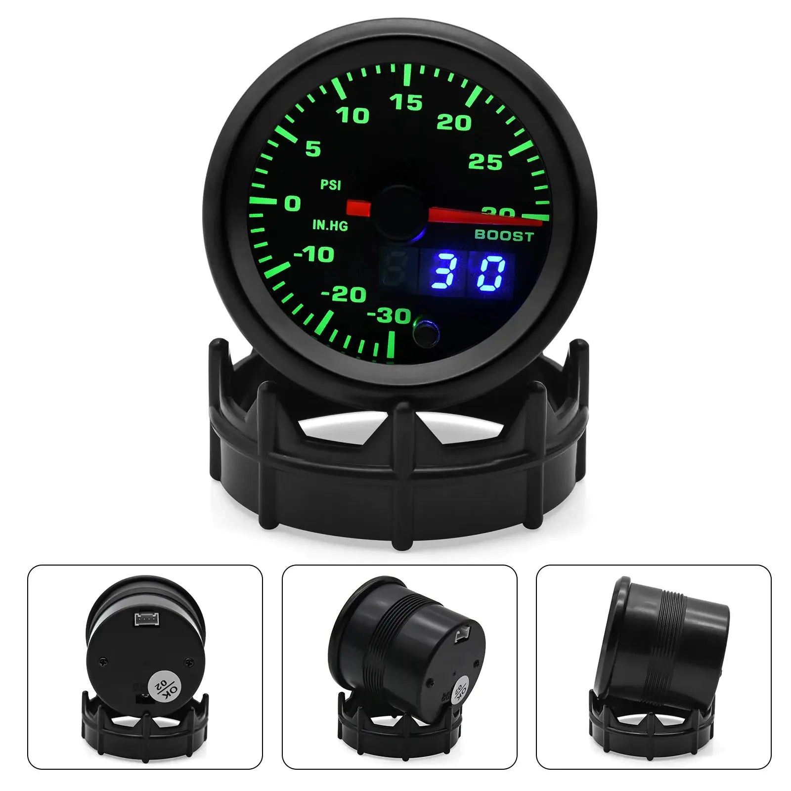 Simples Market 52mm LED dual-display automotive gauge with green backlit dial and blue digital readout