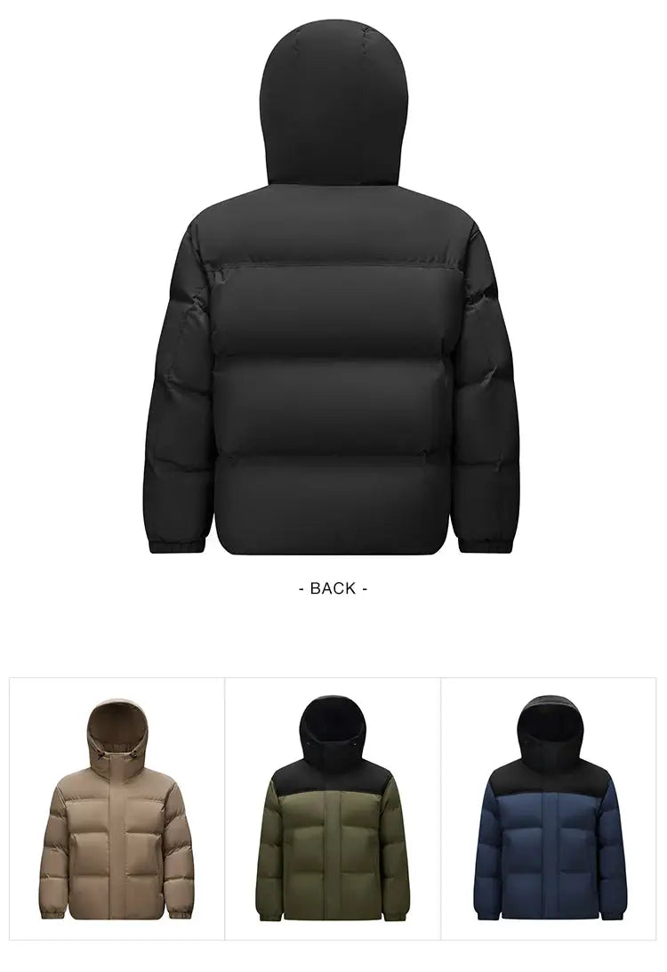 Semir men's hooded down jacket, black puffer; waterproof windproof outerwear, back view; beige, olive, blue