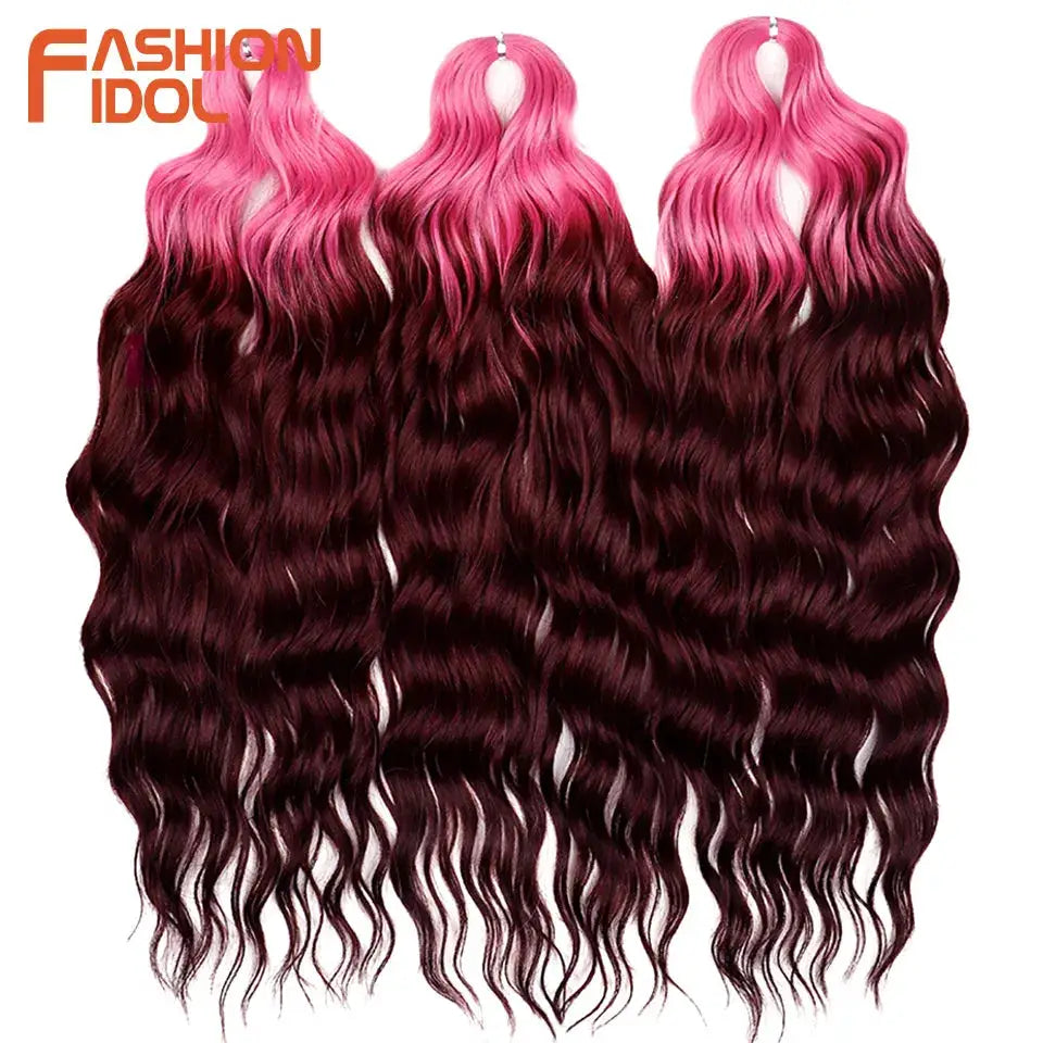 Anna 24-inch synthetic water-wave braiding hair extensions, ombre pink to burgundy, 3 bundles; Fashion Idol