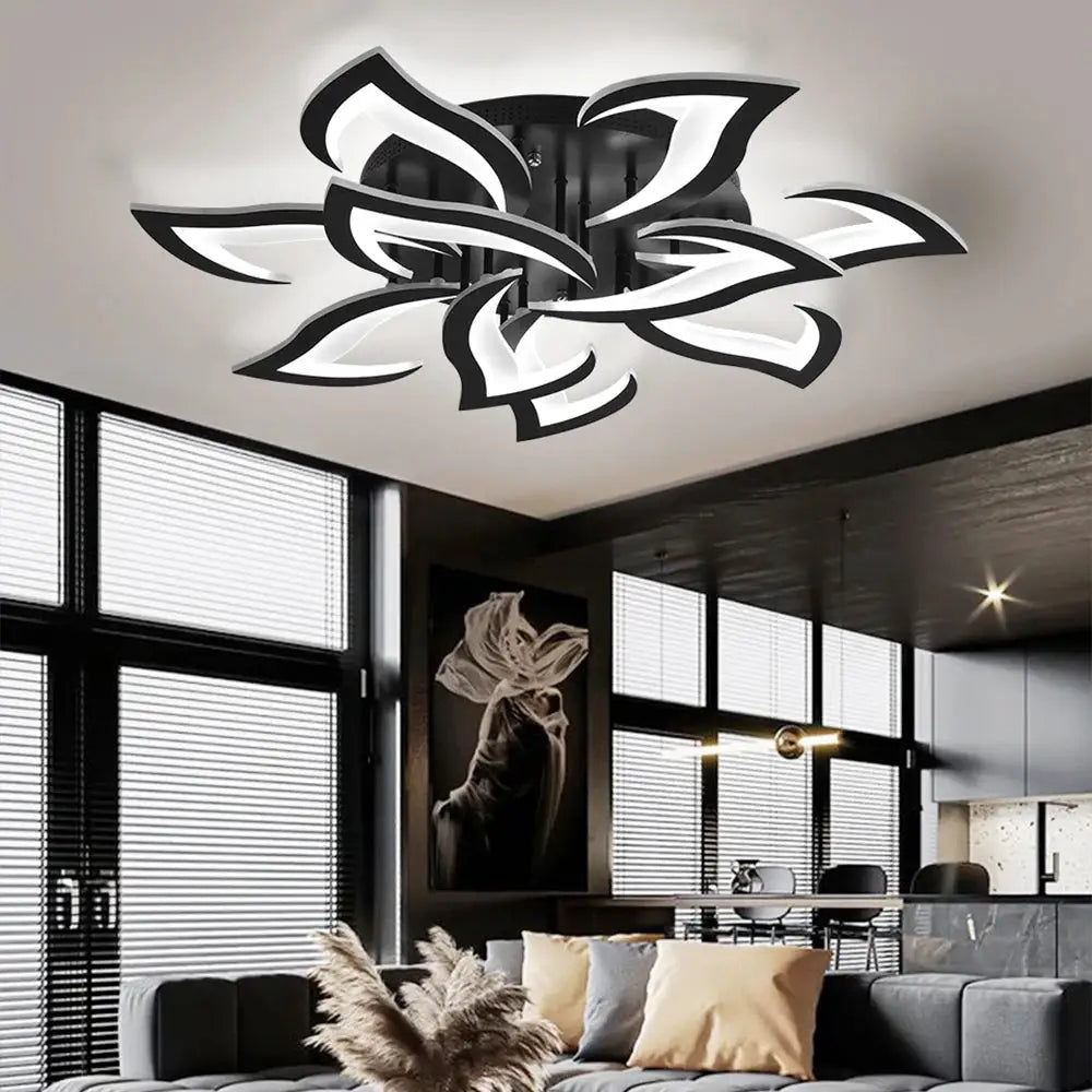 Modern LED ceiling light fixture with flower design chandelier, dimmable, black and white petals.