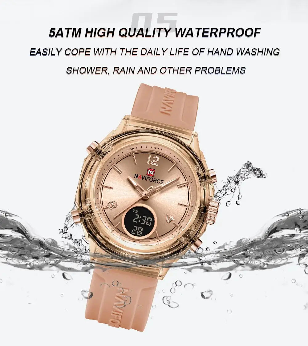 Naviforce women's watch with rose-gold case and pink rubber strap, dual time display, waterproof