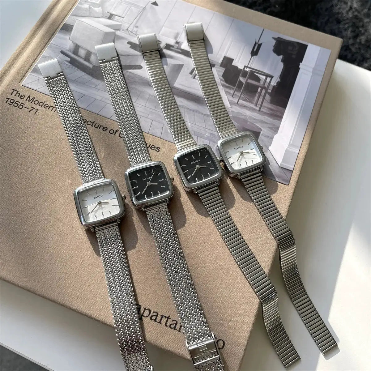 NAIDU square-faced women's quartz watches set of four with mesh and link stainless steel straps