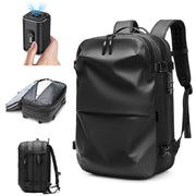 Men's travel backpack by Simples Market, black with 17-inch laptop sleeve and vacuum compression feature