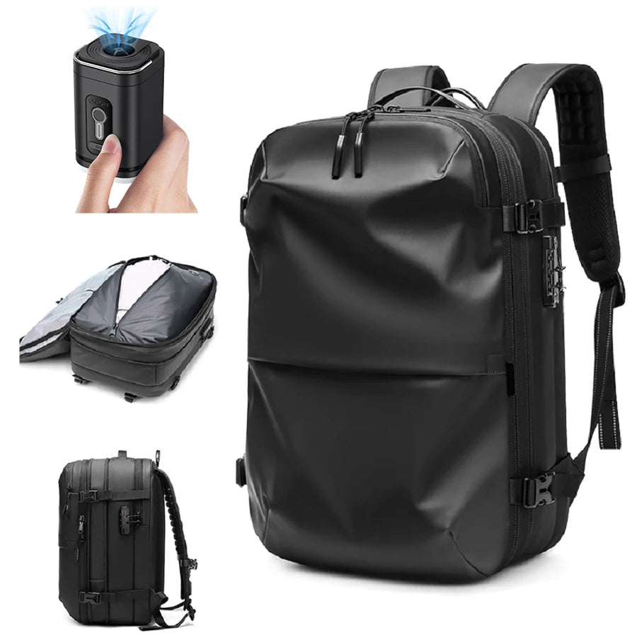 Men's travel backpack by Simples Market, black with 17-inch laptop sleeve and vacuum compression feature