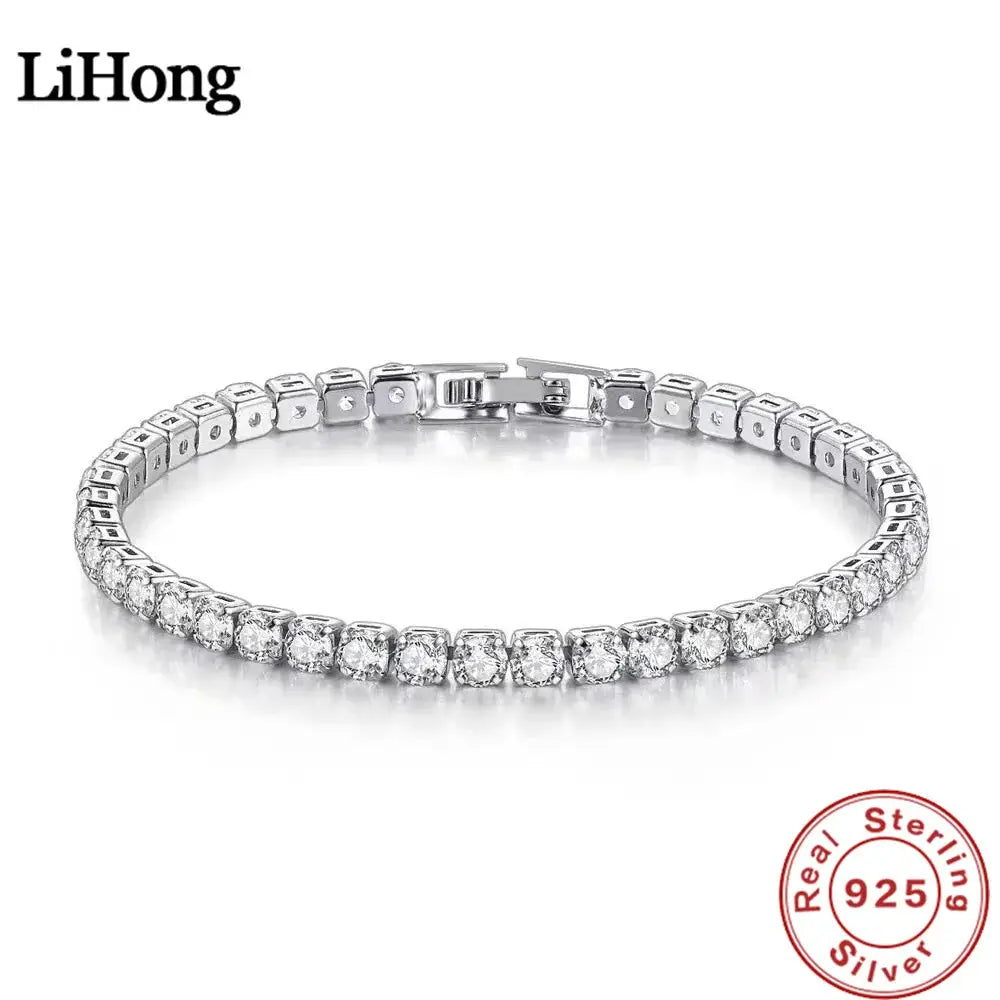 Lihong S925 Sterling Silver Bracelet Zirconia Tennis Ball Charm Women 4mm 16-20cm Engagement Wedding Jewelry