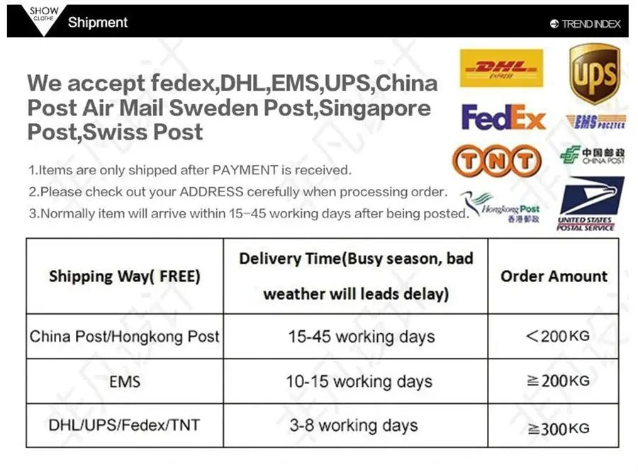 Simples Market cargo pants shipping policy infographic with carrier logos and delivery times.