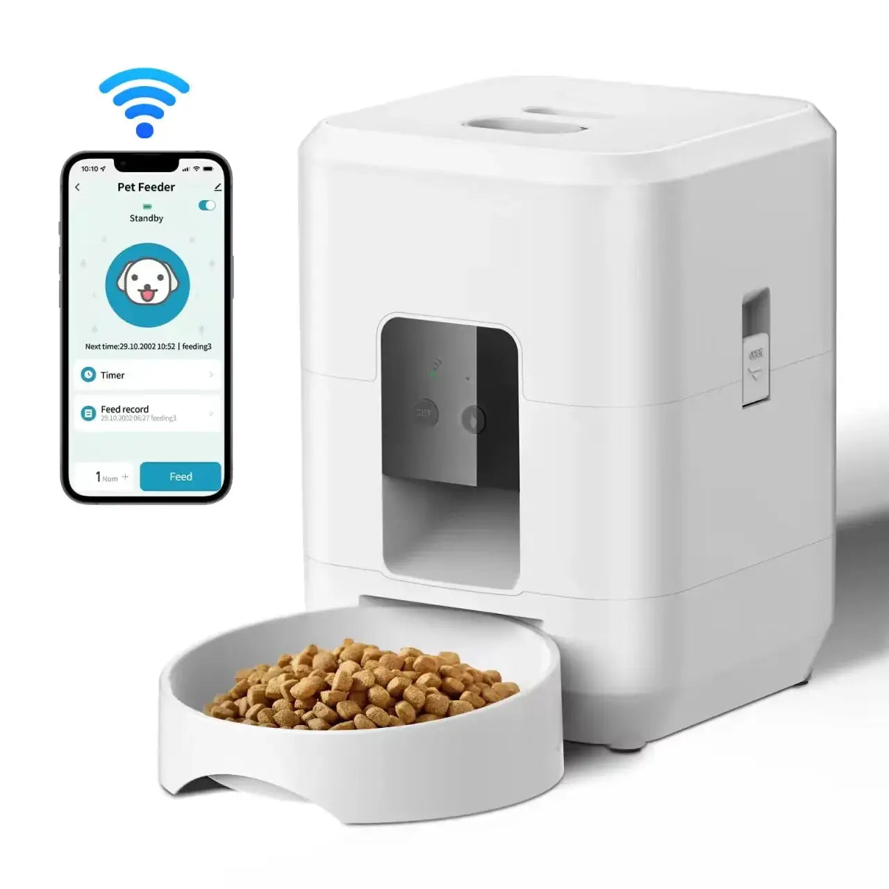 Simples Market smart pet feeder, white automatic cat and dog food dispenser with timed portions and app control, includes feeding bowl