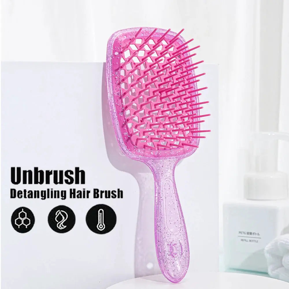 Pink translucent detangling hair brush (1pc) with hollow lattice bristles for wet curly hair