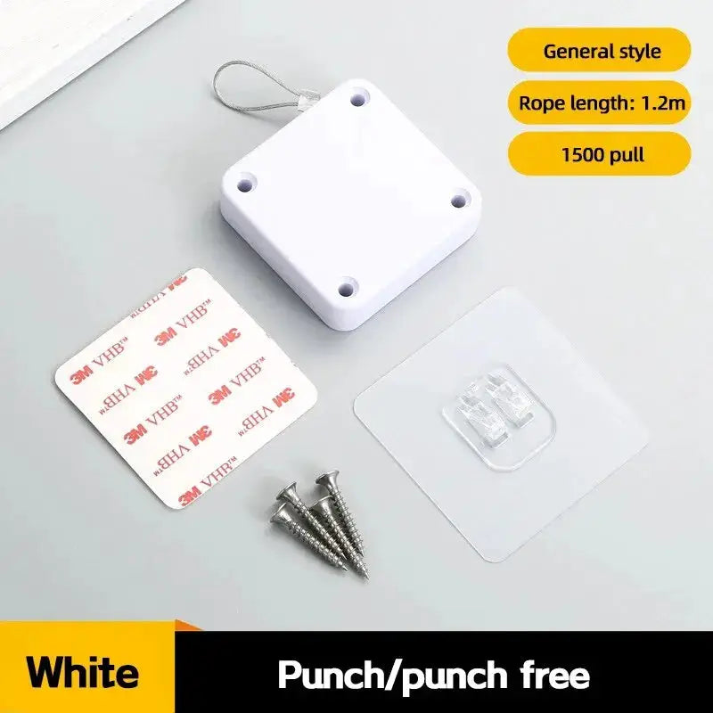 Automatic drawstring door closer with white plastic housing and rope, includes screws and adhesive pads