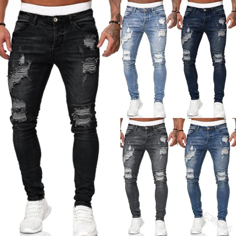Mens Vintage Ripped Skinny Jeans Street Style Denim Pants Slim Fit