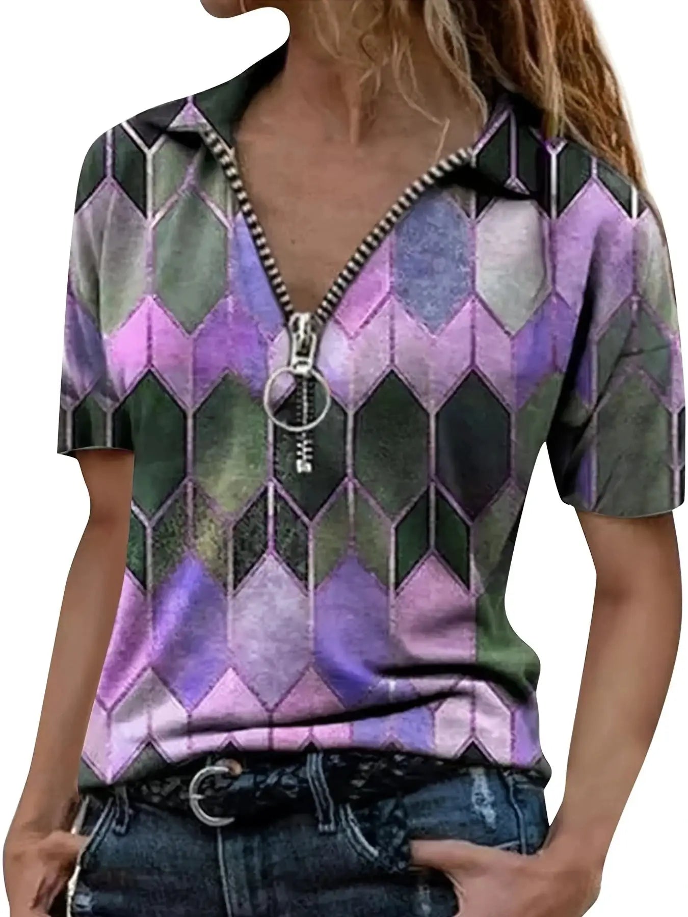 Versatile All Season Women's Polo Shirt With Zip And Geometric Pattern