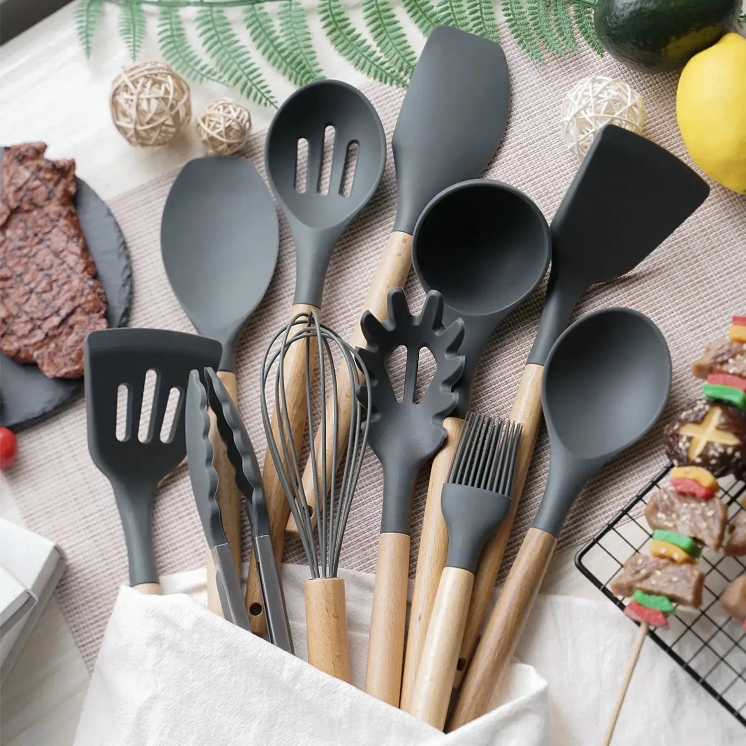 ChefGlow 12-Piece Silicone Kitchen Utensil Set With Nonstick Heat-Resistant Heads And Wooden Handles