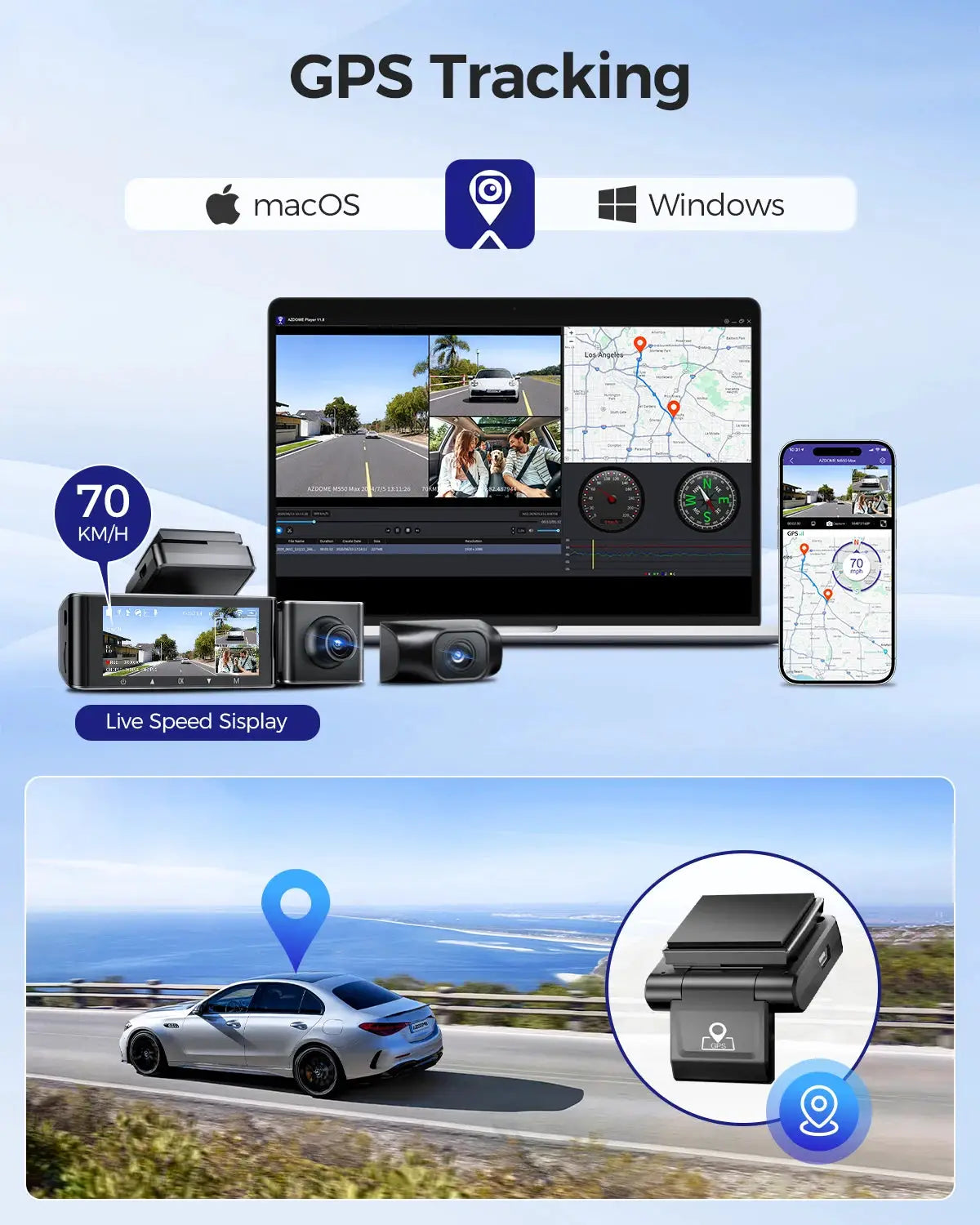 AZDOME M550 Max dash cam kit with built-in GPS, WiFi, 4K+1K+2.5K, 150° FOV and live speed display on phone