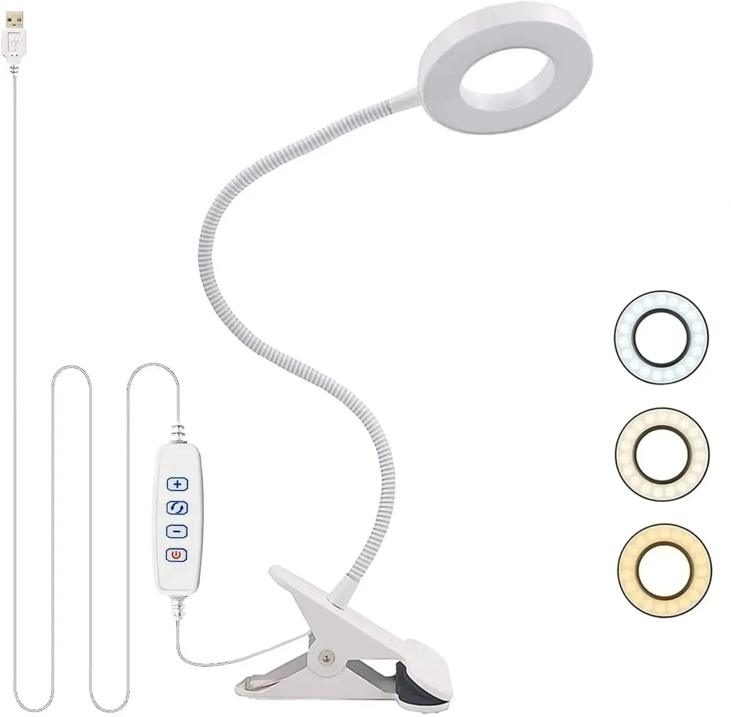 LED Reading Light with Clamp by Simples Market; flexible gooseneck desk lamp with 3 color temps and 10 brightness levels