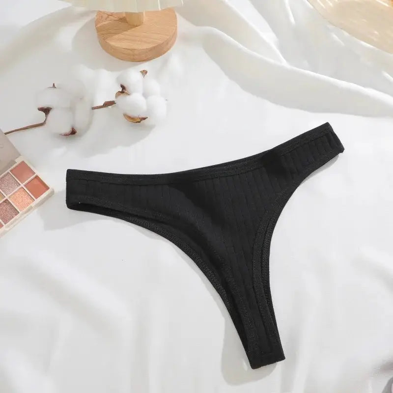 G-string thong for women, solid black ribbed cotton