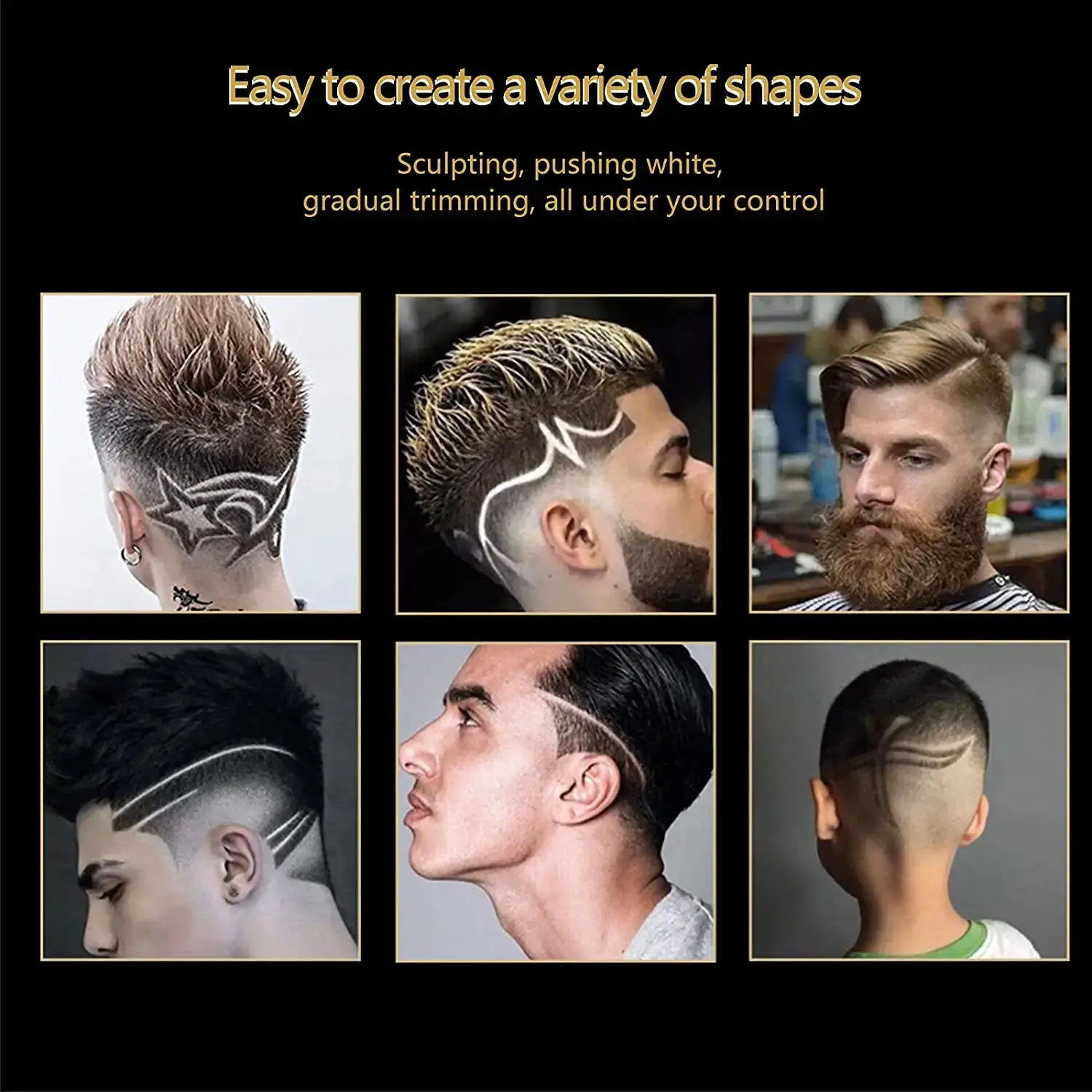 KM-9038 rechargeable men's shaver collage showing nine different hairstyles and shaved designs