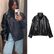 TFMLN Chic Black Faux Leather Jacket Oversized Buttoned Long Sleeve Coat For Women Streetwear Autumn Winter 2025