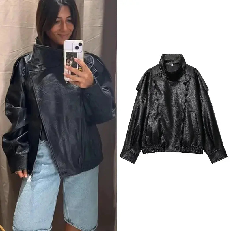 TFMLN Chic Black Faux Leather Jacket Oversized Buttoned Long Sleeve Coat For Women Streetwear Autumn Winter 2025