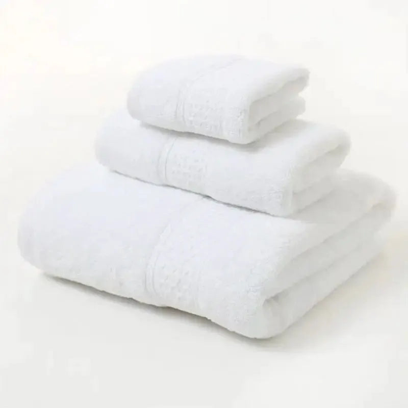 3-piece Simples Market white cotton towel set: bath towel, hand towel, and washcloths; ultra soft and highly absorbent.