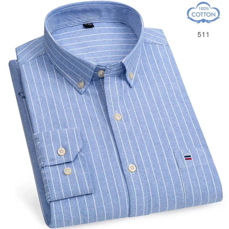Simples Market men's 100% cotton Oxford shirt, light blue with white vertical stripes and button-down collar