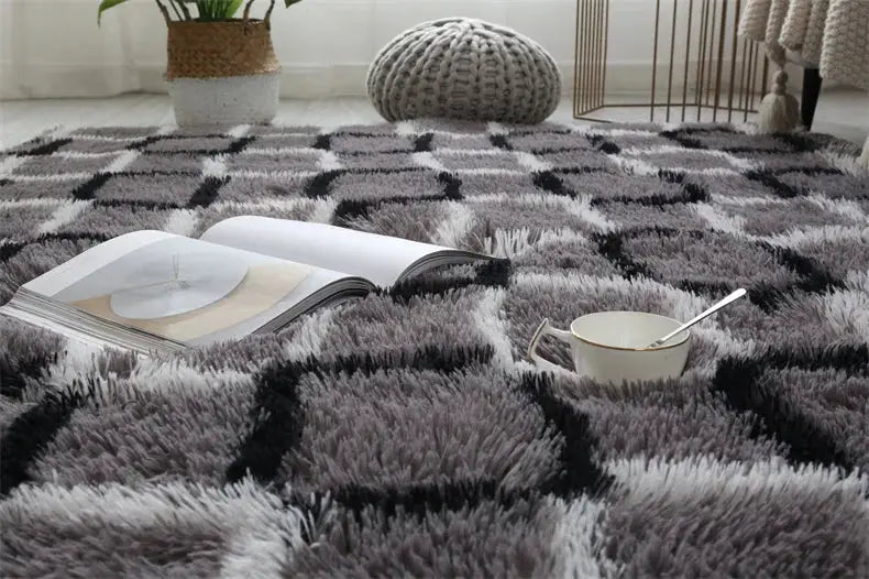 Premium fluffy area rug with grey and charcoal shag, extra soft indoor living room rug