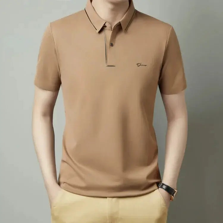 Simples Market men's polo shirt in camel tan, short sleeves, polo collar, slim fit.
