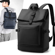 Two backpacks: black 17-inch urban laptop backpack with buckle flap and front pocket; blue variant shown.