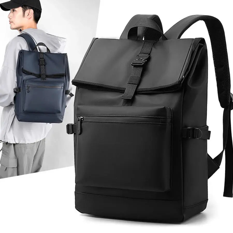 Two backpacks: black 17-inch urban laptop backpack with buckle flap and front pocket; blue variant shown.